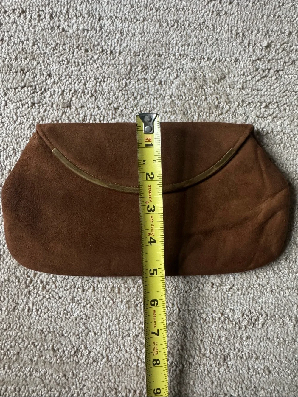 Vintage Brown Suede Envelope Clutch Handbag Gold Tone Accent Bar Metal Clasp